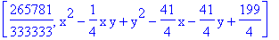 [265781/333333, x^2-1/4*x*y+y^2-41/4*x-41/4*y+199/4]
